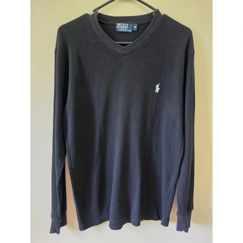 Polo Ralph Lauren Mens Black Waffle Knit Thermal V-Neck Long Sleeve Shirt M